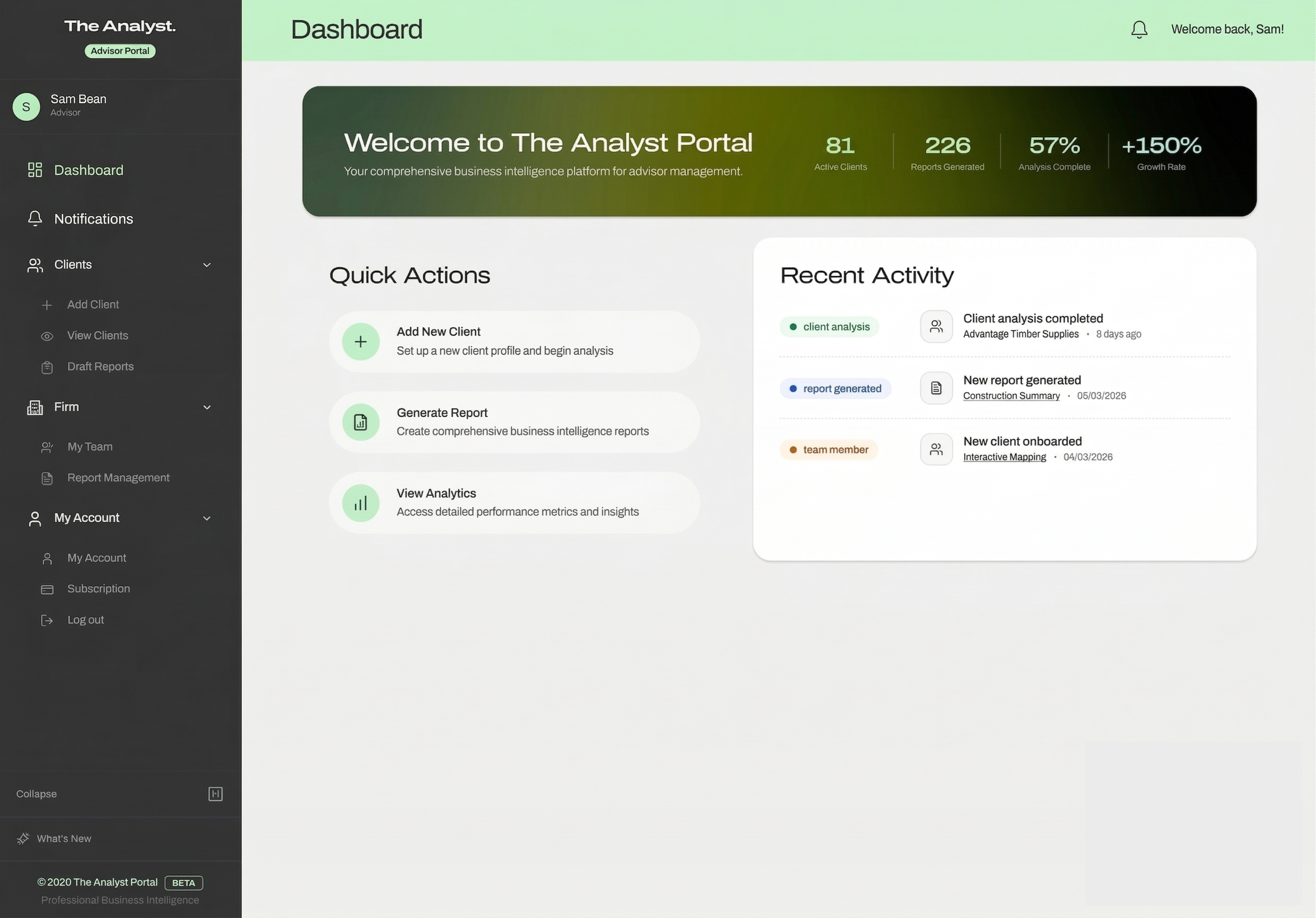 The Analyst Advisor Portal, dashboard showing active clients, reports generated, and practice analytics