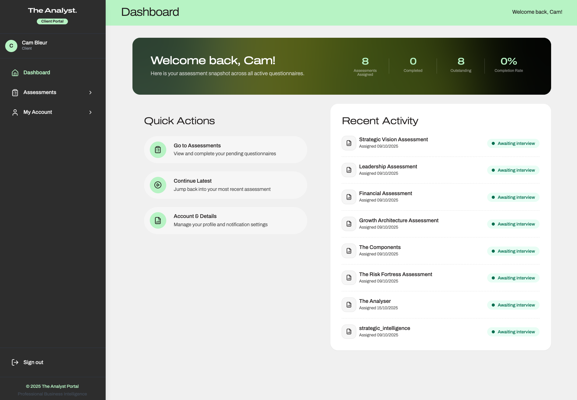 The Analyst Client Portal, assessment dashboard with completion progress